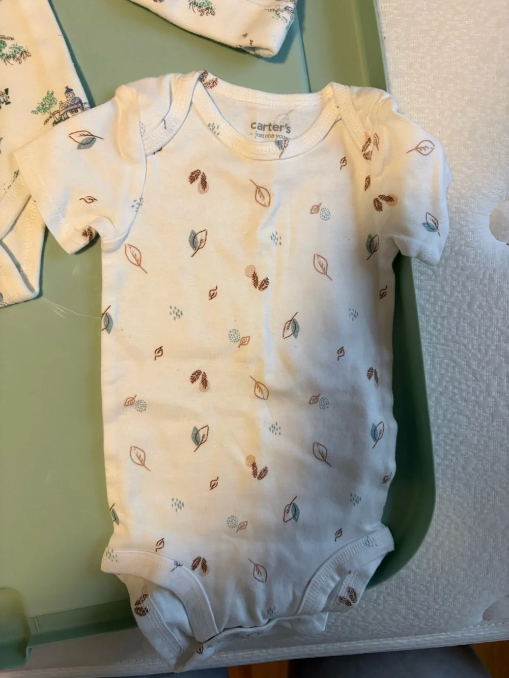 Carter's White Cream Baby Bodysuit Set with Green & Brown Nature Prints